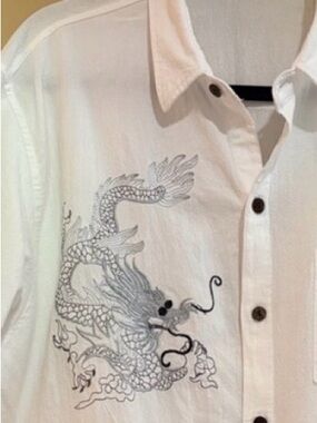 Asian Inspired Dragon Embroidery White Short-Sleeve Button-Up Shirt 2XL